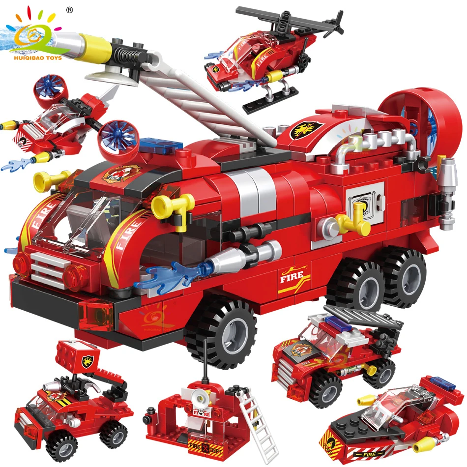 Figures Bricks Toys Building-Blocks Helicopter Boat City-Firefighter Firemen HUIQIBAO