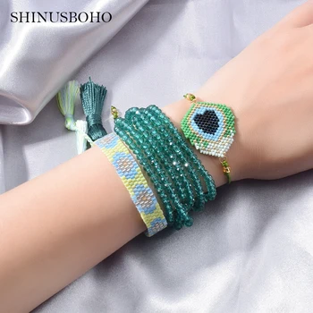 

2020 MIYUKI Evil Eye Bracelet for Women Beads Bracelet Jewelry Pulseras Mujer Sets Green Crystal For Women Tassel Handmade