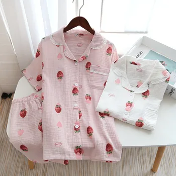 

Strawberry Printed Women Pajamas Sets Short Sleeve Sleepwear Female Turn-Down Collar Pyjama Nightwear Casual Homewear Top+Pants