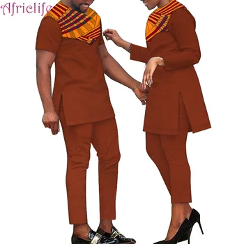 

Family Dresses African Couple Clothing Newest Design Lover Pant Sets 100% Cotton Men T Shirt Set and Women Shirt Set WYQ390