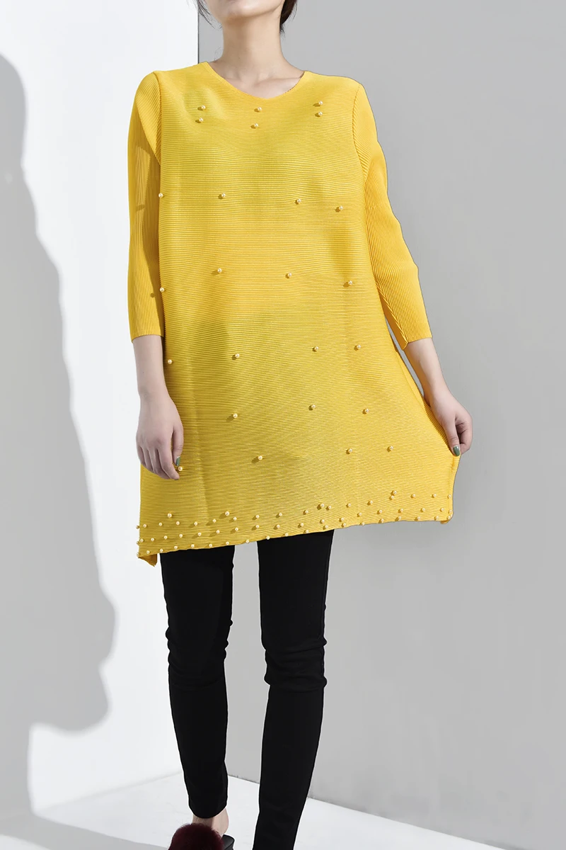 LANMREM Новая модная женская рубашка с длинным рукавом женские толстовки Vestido с круглым вырезом и длинными рукавами плиссированная жемчужная рубашка NA94806 - Цвет: Yellow