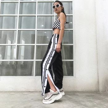 

Femme Streetwear New Casual Satin Pants Side Button Striped Split Pants Women Black High Waist Straight Sweatpants Pantalon