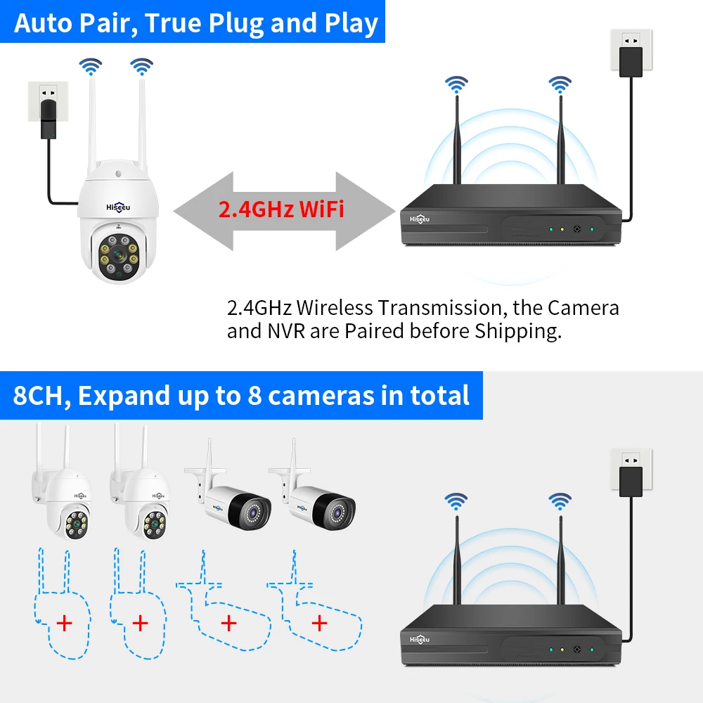 Hiseeu Wireless Camera Security System Kit 5MP 5X Digital PTZ 10CH Outdoor CCTV Camera Set 2 way audio IP66 Video Surveillance