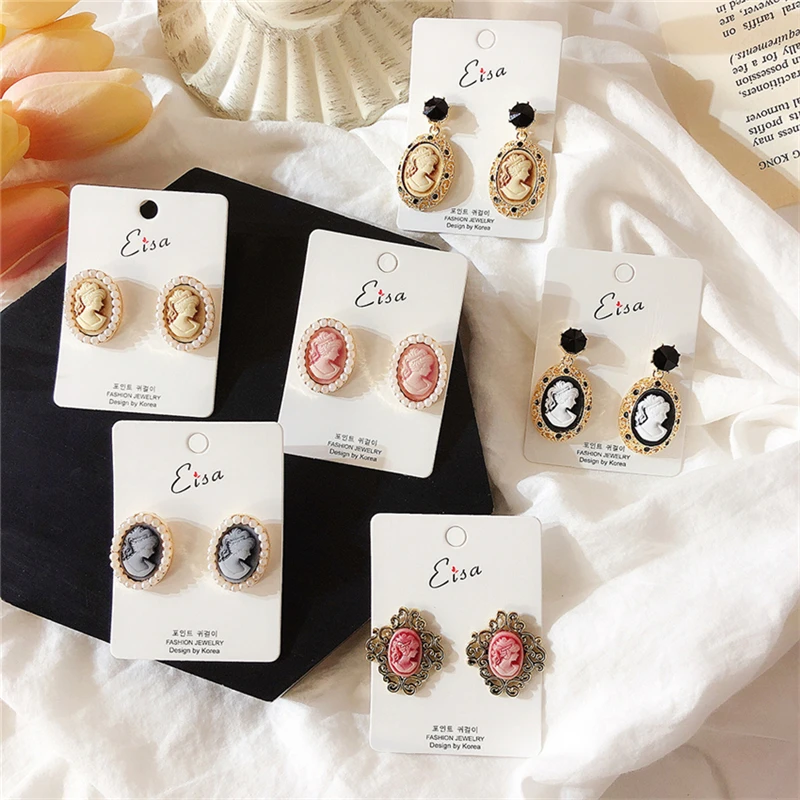 6 Style Vintage Look Antique Lady Queen Relief Oval Acrylic Earring Push Back Stud Fashion Jewelry for Women Cameo Earrings stud earrings,acrylic earrings