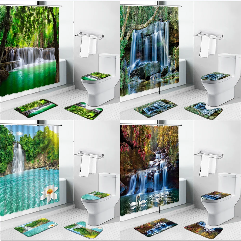 

Forest Trees Waterfall Landscape Shower Curtains Bathroom Decor Cloth Curtain Bath Mat Set Pedestal Rug Lid Toilet Cover Carpet