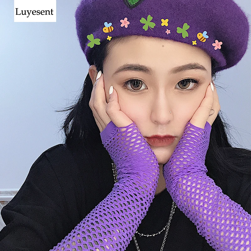 Черные и фиолетовые перчатки без пальцев в стиле Лолиты женские с манжетами