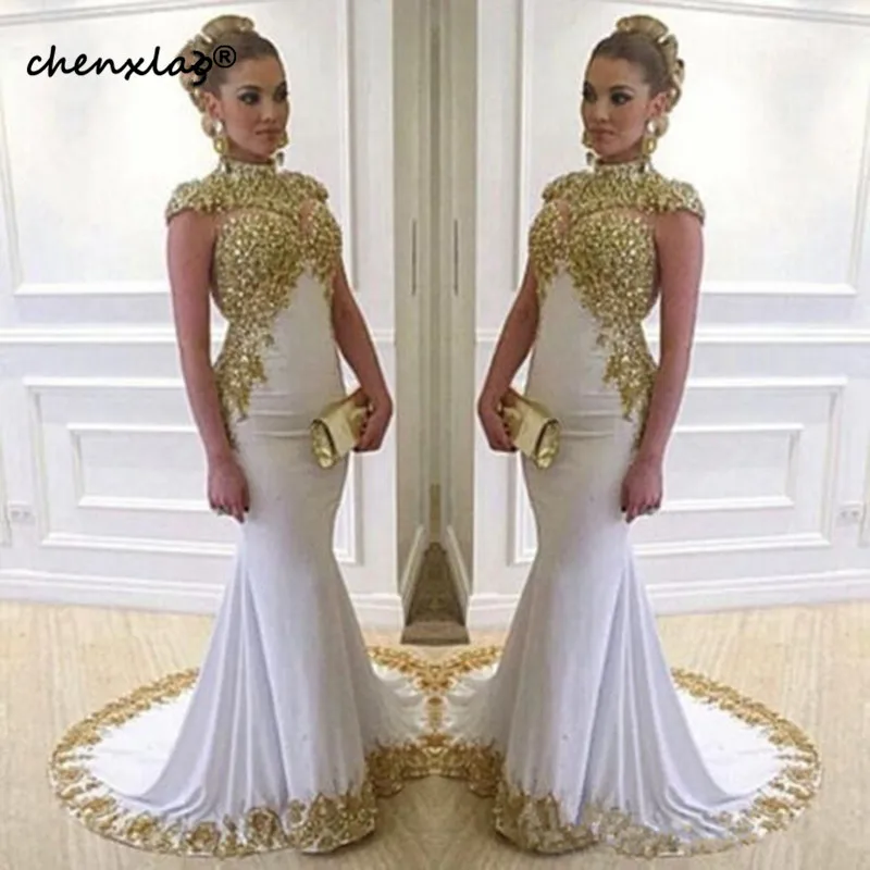 Vestidos мусульманское арабское вечернее платье длинное с юбкой-годе с высоким воротом, с золотистым расшитым узором бусины в форме чашек рукава Белый Классический выходной вечерний платьев