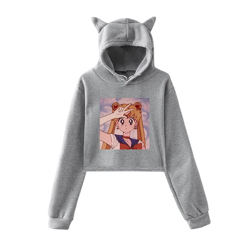 Сейлор Мун с эстетическим принтом для женщин Harajuku Короткие толстовки осень Kawaii уличная Толстовка для девочек модный пуловер с капюшоном - Цвет: 902-mx-1218-7(5)