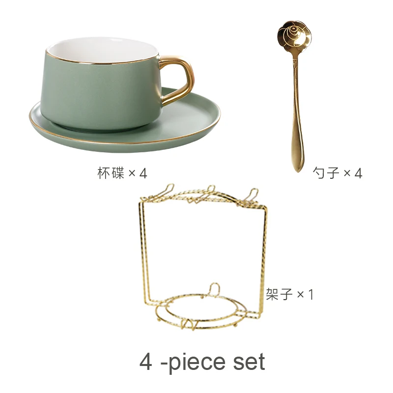 Green 4 piece set Скандинавская керамическая кофейная чашка простая шесть цветная кофейная чашка набор с блюдце и ложка Фарфор золотой край чайная чашка английский день - Цвет: Green 4 piece set