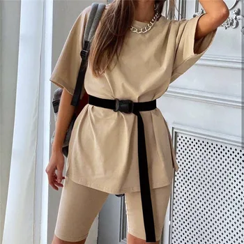 

Best Selling casual wild Two Piece Sets Women Summer Home Loose T-Shirt Tops And Stretch Skinny Track Pants Suit Set With Belt