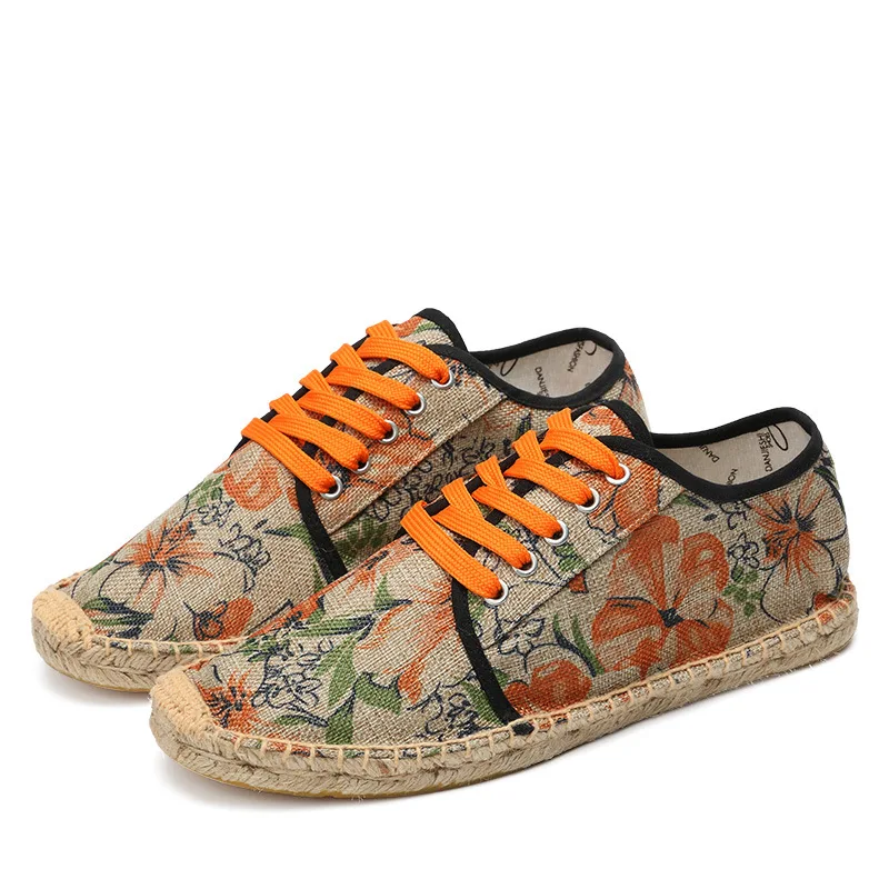 

Summer Espadrilles Man Printed Canvas Flat Shoes Spring Men Lace-up Casual Fisherman Shoes Breathable Driving Loafers Flax Flats