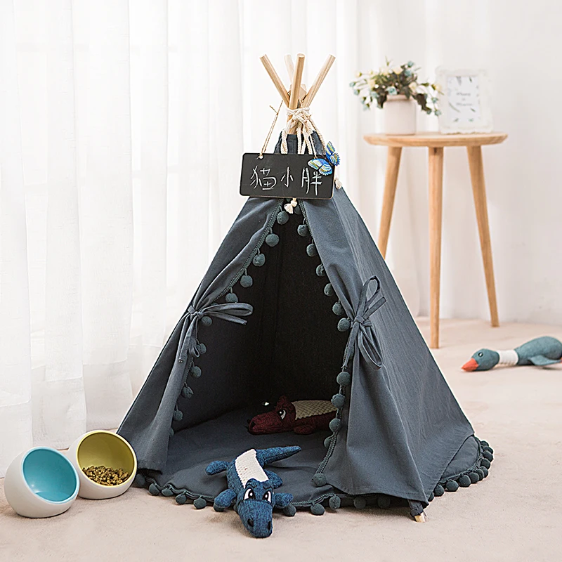 

Grey White Canvas PomPoms Pet House dog tent Pet Dog House Puppy Cat Dog Tee Pee Dog Tipi Pet Teepee