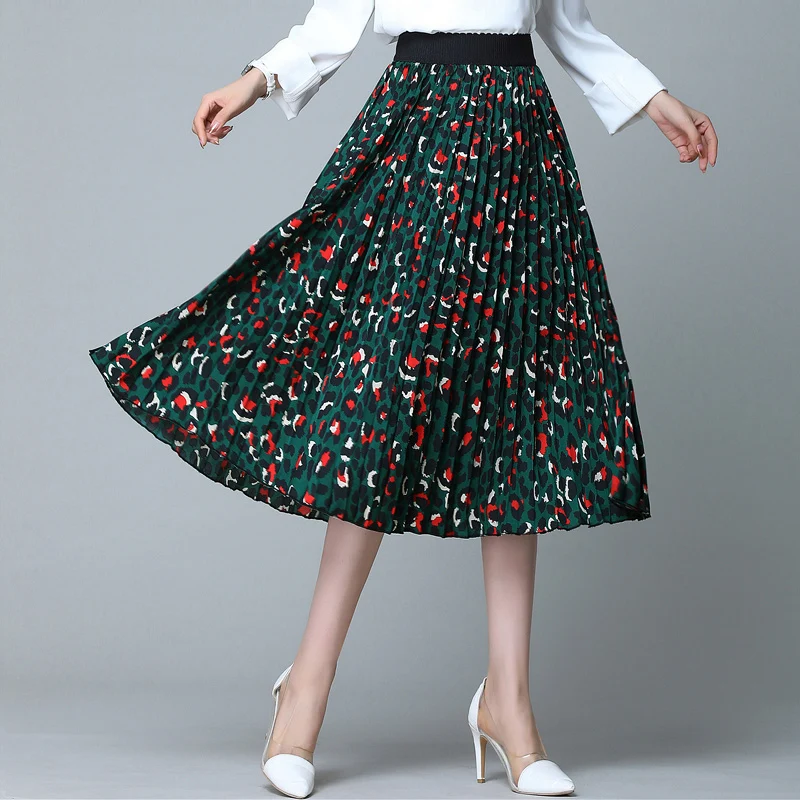 Autumn Women Skirt High Waist Print Slim Long Bitter Fleabane Pleated Silk Skirts Green Flower 9127
