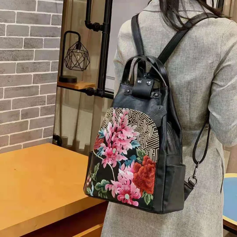 Bags Women Retro Chinese Style Embroidery Luxury women's Backpack PU Leather Personality All-match Casual Female Bag