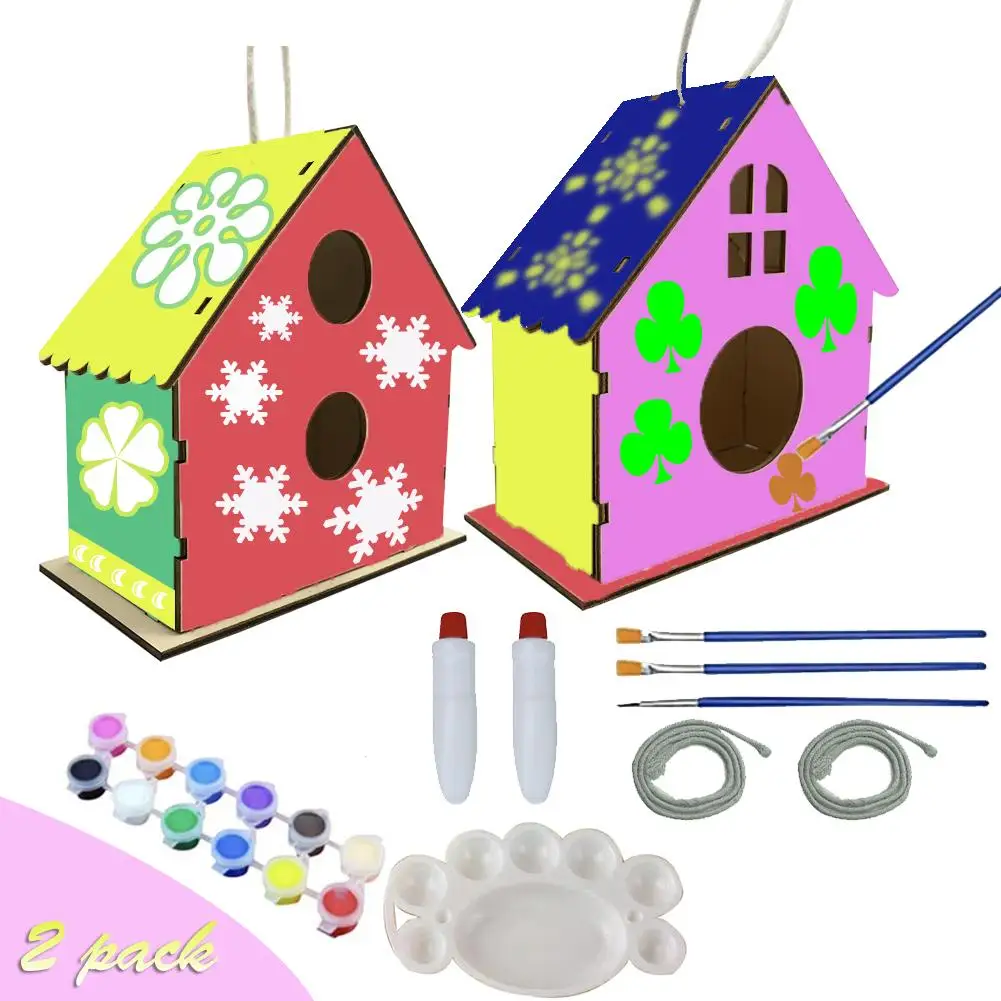 

2PCS DIY Bird House Kit Painting Puzzle Bird House Art Craft Wood Toys For Children DIY Bird House Bird Cage Doodle Set