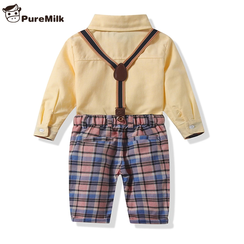 PureMilk Baby Boys Clothes Yollow Shirts With Plaid Pants 4pcs/ Set Long Sleeve Cotton Clothes