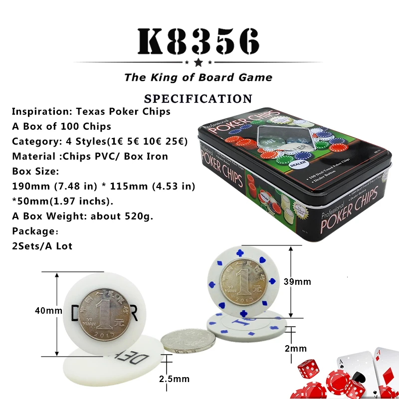 K8356 2Sets/Lot Quality Casino Set Texas Poker Chips 100 pieces Game Tokens fine Plastic Chips 1/5/10/25 EURO Four Par Dealer