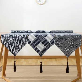 

Japanese-style Retro Linen Cotton Table Runner Chan Tea Table Cloth Waves Lattice Table Flag for Home Party Wedding Decoration