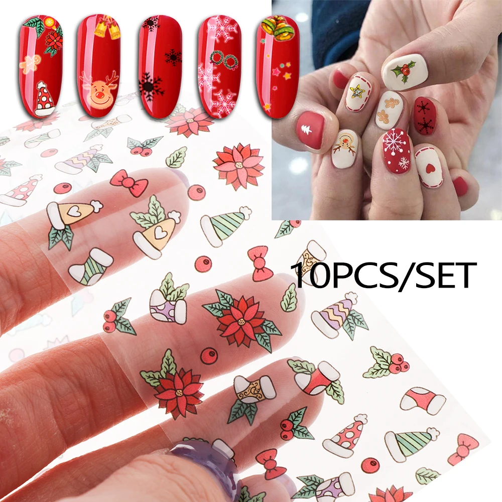 10Pcs Christmas Style Nail Stickers Holographic Transfer Slider Foils Winter Snowman Starry Sky Designs Decal DIY Nail Art Decor