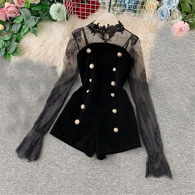 two-set-autumn-long-sleeve-lace-embroidery-shirt-women-double-breasted-playsuits-slim-velvet-jumpsuits-female-bodysuit-suit-2056