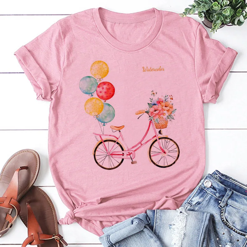 Pink T Shirt Women Beautiful Scenery Bicycle Vogue Casual Tshirt Harajuku Korean Style Graphic Tops Kawaii Short Sleeve T-shirt