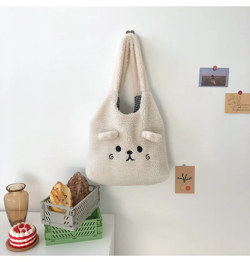 Cartoon Embroidery Soft Plush Tote Bag