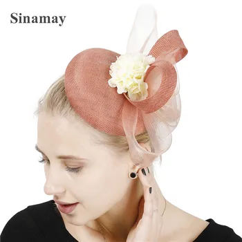 

Dark peach with ivory flower women fascinator hat headband elegant fancy new headpiece nice show party millinery mesh caps