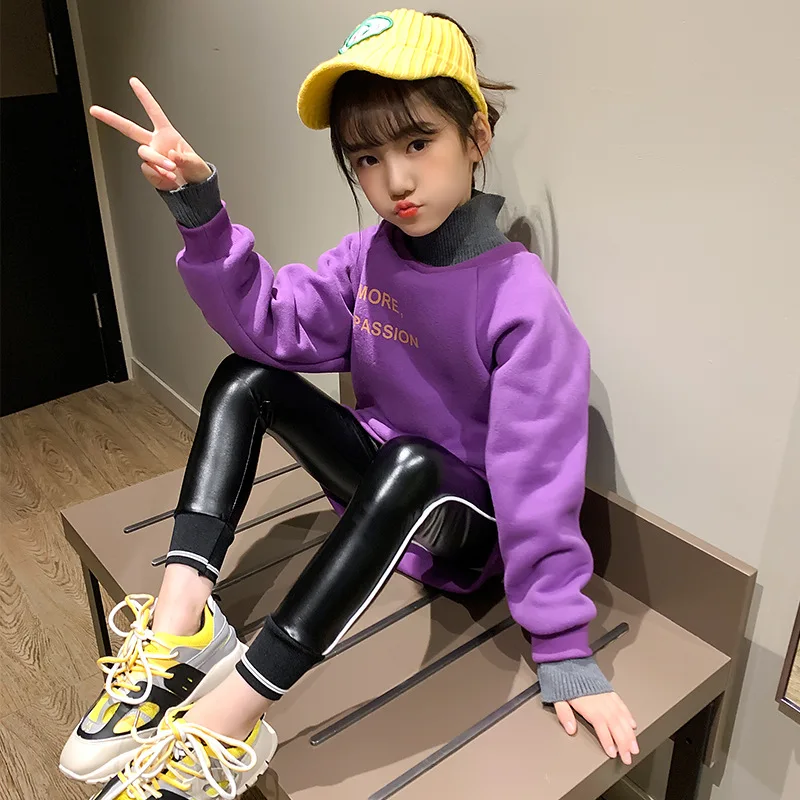 

Western Style Autumn And Winter Children 2019 New Style Korean-style Winter GIRL'S Suit Hoodie plus Velvet Solid Color Two Zheji