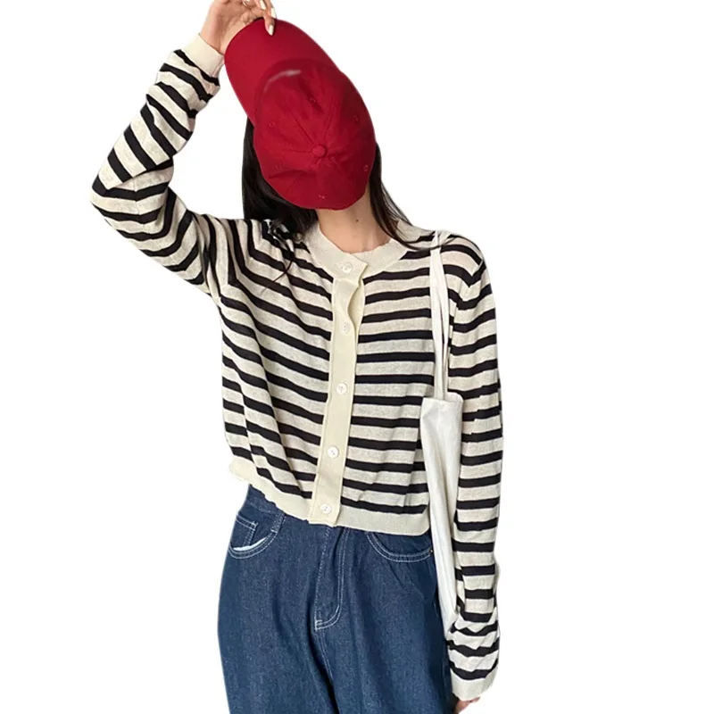 

Spring / Autumn Reduce Age College Style To Match Color Horizontal Stripe Knit Cardigan Thin Short Coat Female Red Bar Code
