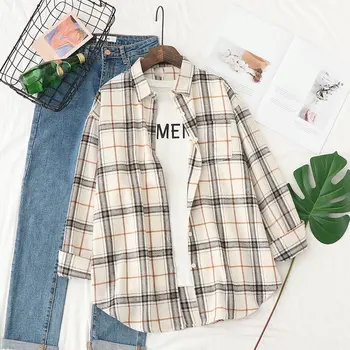 

Oversized Plaid Shirts Women Long Sleeve Cotton Ladies Casual Blusas One Pocket Loose Female Checked Shirt 2020 Summer Tops