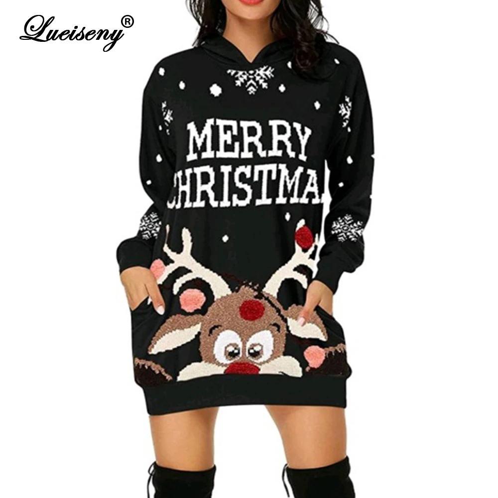 

LUEISENY Women's Autumn Winter Sweatshirt Dress Fashion Christmas Hoodie Bag Hip Pocket Print Hoodie Fashion Dress Vestidos