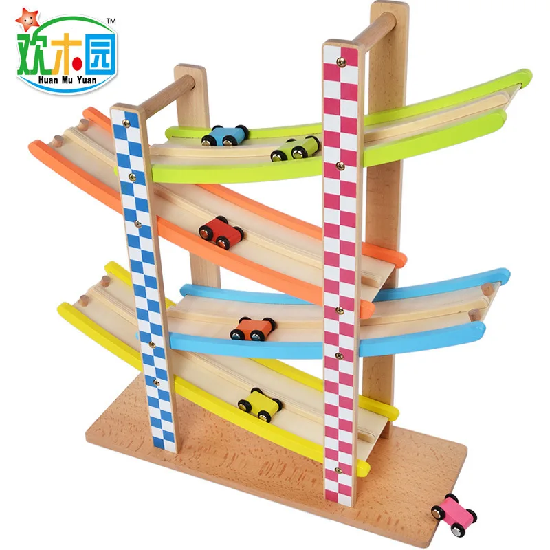 

Building Blocks Four Layer Double Camera Track hua xiang che Educational Early Childhood Children Wooden Camera Track Inertia Sl