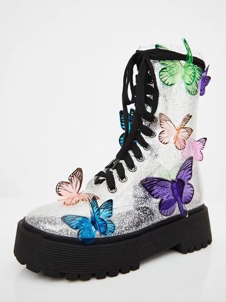 Glitter Butterfly Short Boots Muffin Flat Heels Round Toe Colorful Women Party Shoes Transparent Shiny Unique | Обувь