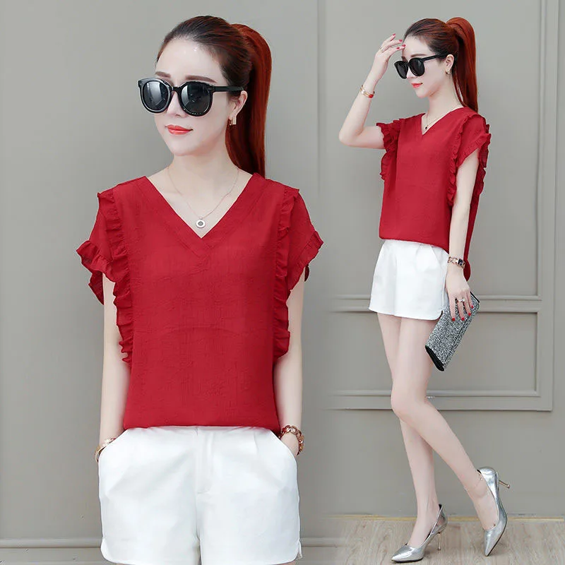  Women Summer Backless Chiffon Blouses Shirts Lady Casual Short Ruffles Sleeve V-Neck Blusas Tops DF