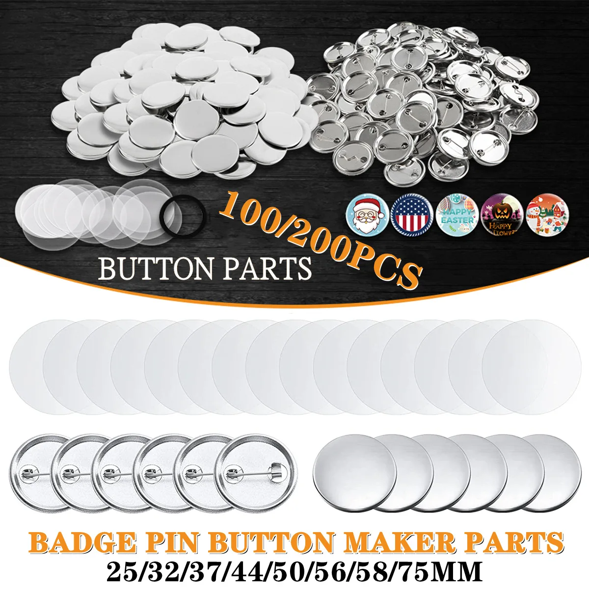 100/200 Sets Metal Badge Pin Button Maker Parts 25-75MM, DIY Blank Badge Button Parts for Art Crafts Making Iron-Base Badges Set
