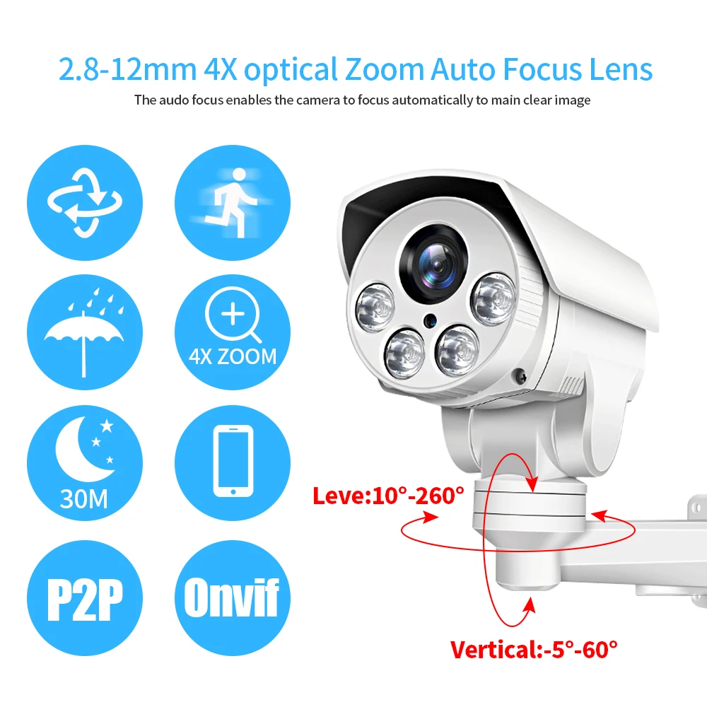 

1080P Wifi Bullet IP Camera H.265X 4X PTZ Zoom Video P2P Outdoor IR Monitor Wireless CCTV Security Surveillance Camera Onvif