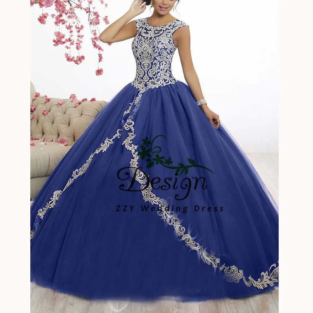 Vestidos de quinceaneras Синий Аппликация Совок Тюль Холтер бальное платье с кристаллами Бальные платья с аппликациями корт поезд сладкий 16