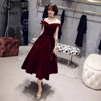 

Skyyue Coctail Dress Strapless Short Sleeve Burgundy Plus Size Cocktail Dress Off The Shoulder Ruched Robe Cocktail Gown E363