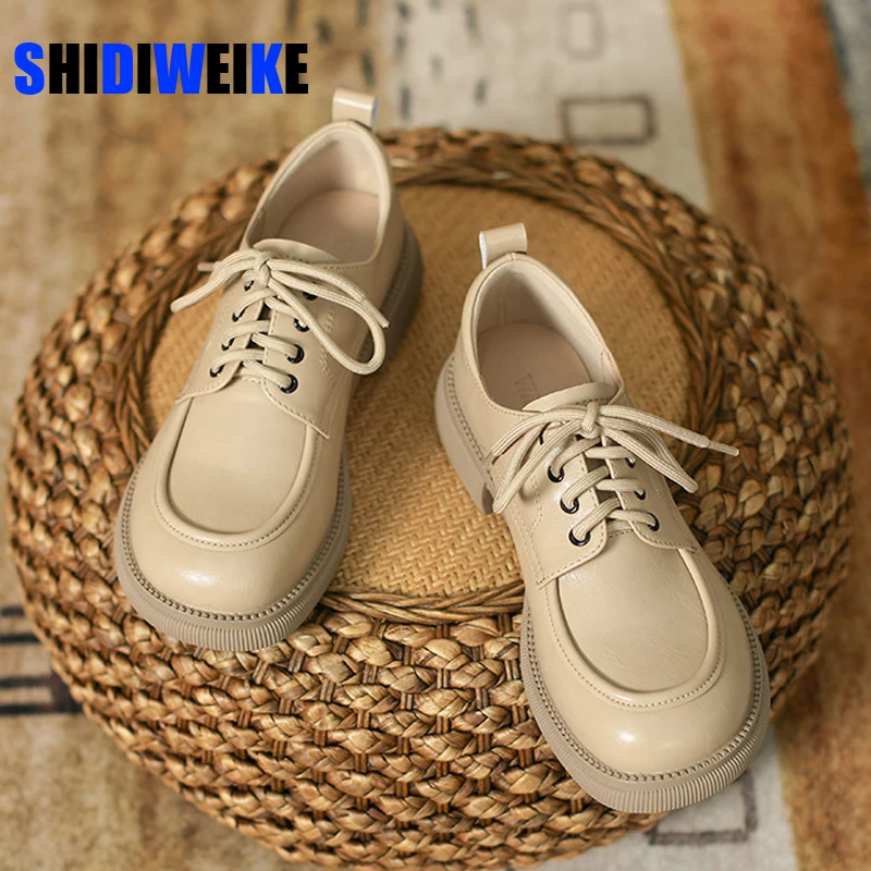 Women Genuine Leather Oxfords Shoes Hand-made Dress Classic Fashion Lace-up Block Wingtip For Ladies Girls New AD1232