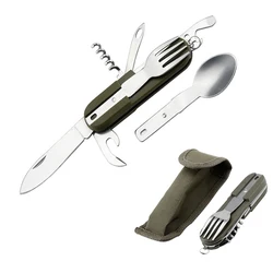 Outdoor  Portable Army Green Folding Camping  Cutlery Knife Fork Spoon Bottle Opener Tableware  Stainless Steel Travel Kit