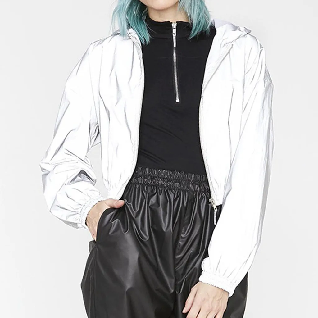 Fashion Women Hooded Street Trendy Zipper Reflective jacket coat Long Sleeve Short bomber jacket Casual solid Streetwear jacket