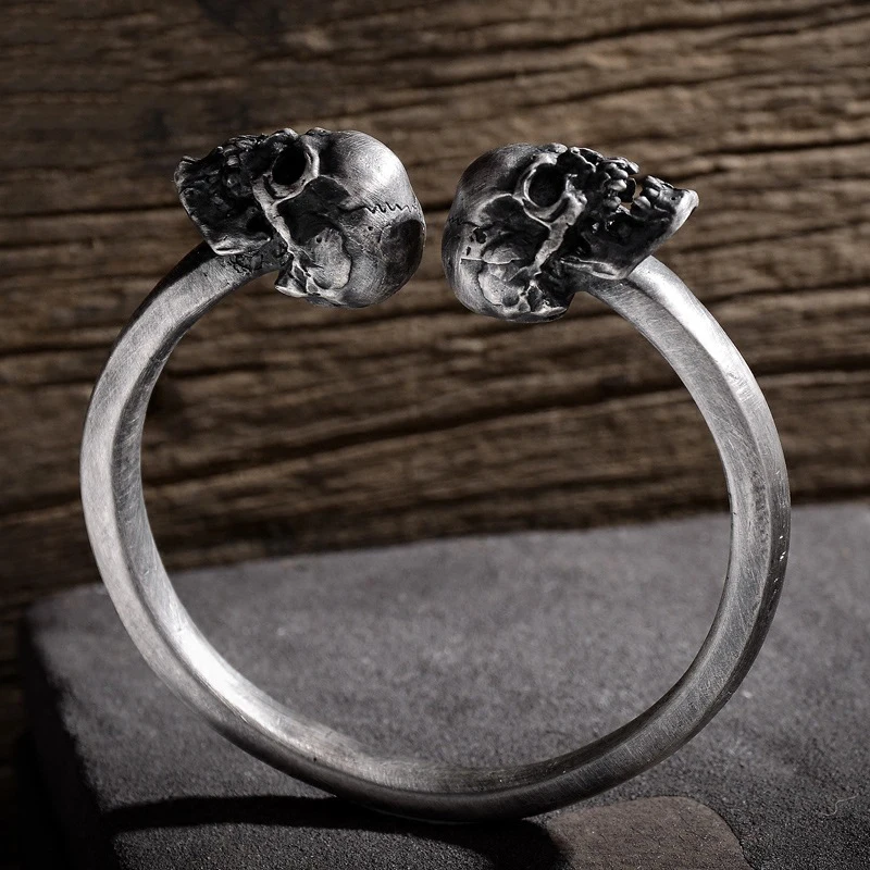 Мужской браслет с двойным черепом 999 пробы ювелирное изделие в стиле панк рок