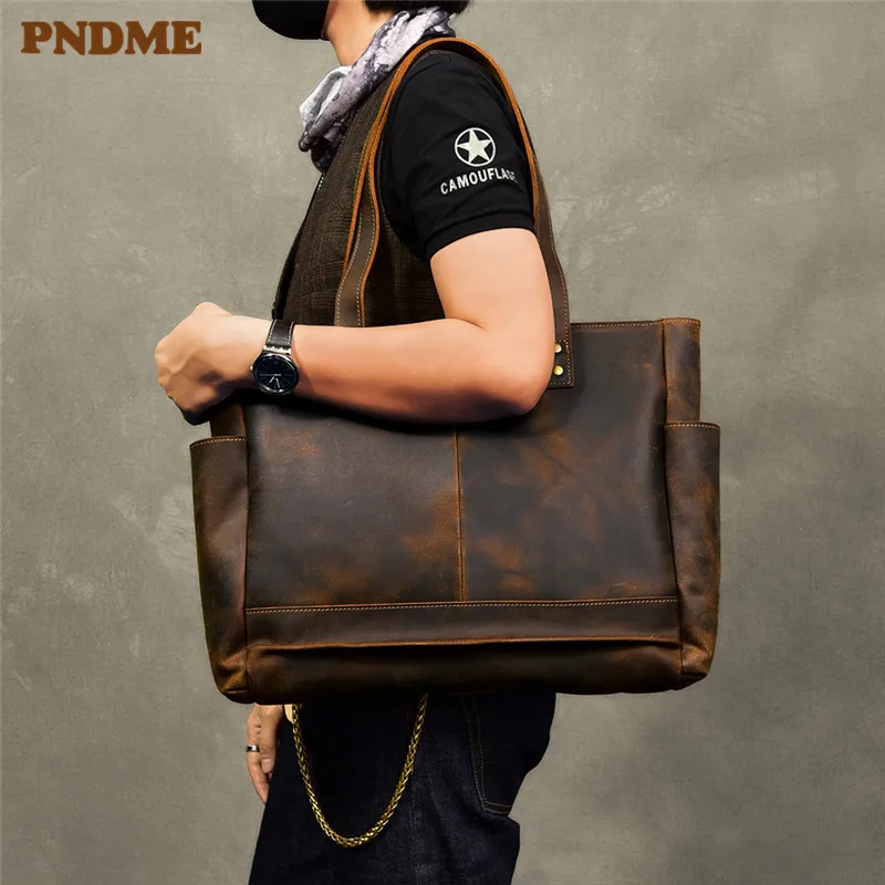 PNDME vintage grote capaciteit echt leer mannen vrouwen tote bag handtas casual luxe koeienhuid bruin winkelen schoudertas PNDME vintage grote capaciteit echt leer mannen vrouwen tote bag handtas casual luxe koeienhuid bruin winkelen schoudertas