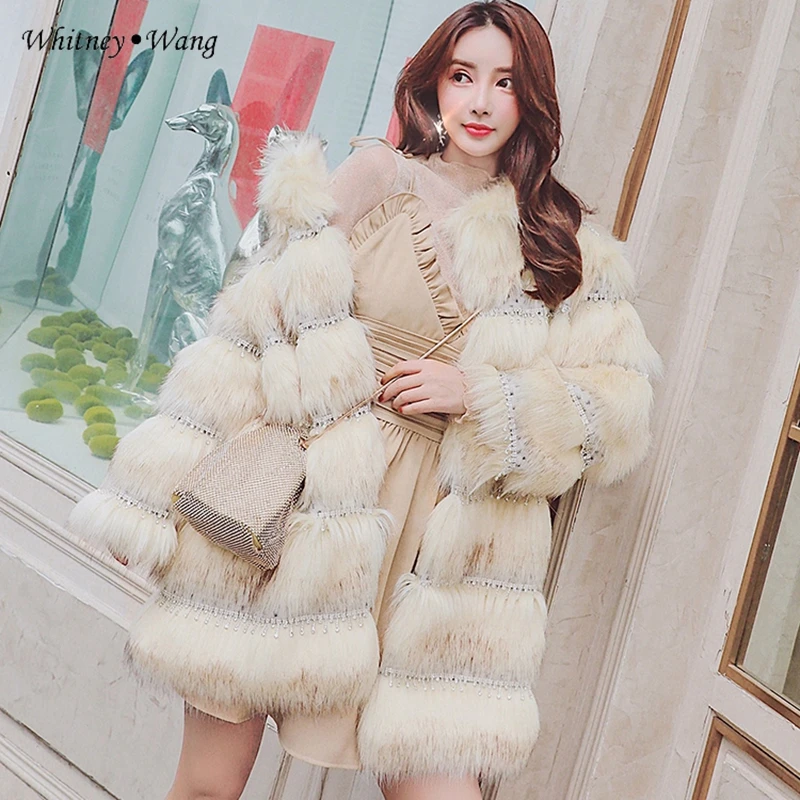 WHITNEY WANG осенне-зимняя модная уличная куртка из искусственного меха с бриллиантами и кисточками женская верхняя одежда fourrure femme