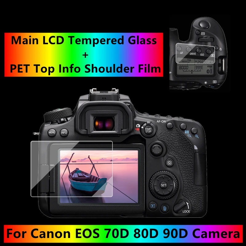 for Canon 70D 80D 90D Camera Protector Self-adhesive Tempered Glass Main LCD + Top Info Shoulder Screen Protector Cover Guard info