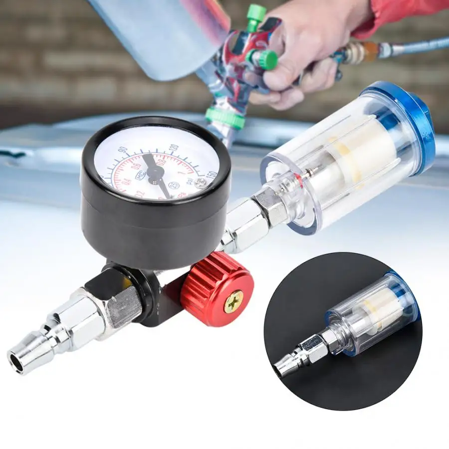 

Pressure Gauge 1/4in Air Inlet Pressure Regulator In-Line Water Oil Trap Filter Separator Spray Gun Tool