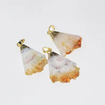 

Natural Yellow Crystal Quartz triangle pendant female 2019 polish Gold Top Cap fan shape citrines druzy stone pendant for women