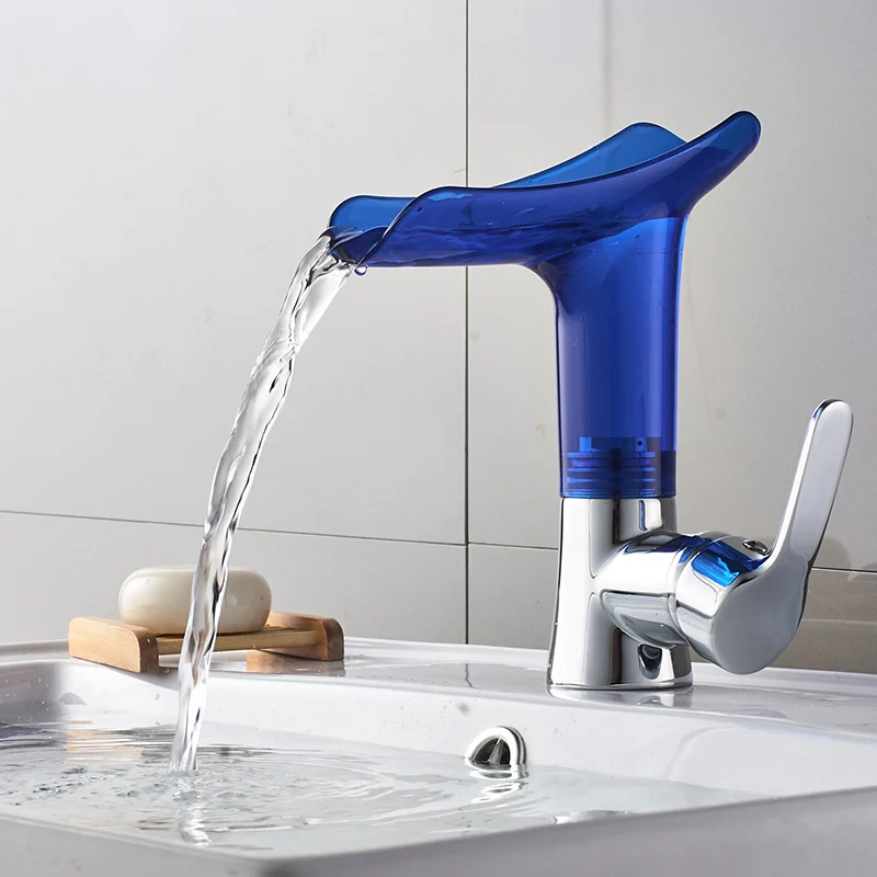 Colorful Basin Faucets New Design Waterfall Bathroom Faucet Single Handle Basin Mixer Tap Bath Faucet Solid Acrylic Crane - Color: blue
