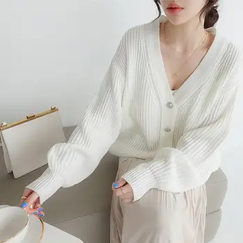 

Fall Women's Loose Casual Button Solid Cardigans Knitted Long Sleeve V-Neck Cardigans Lantern Sleeve Single Breasted Sweaters