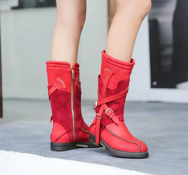 

Boots Women Shoes Woman Boots Fashion Genuine Leather Belt Buckle Mid-calf Boots 2019 Winter New Retro Short Plush Warm Boots